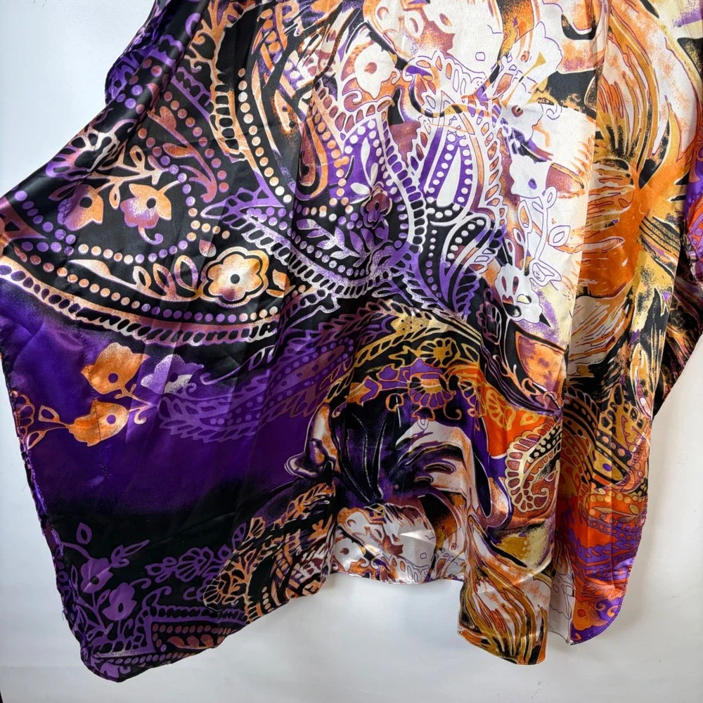 Ashro Kaftan Women Free Size Purple Orange Paisley Satin V-Neck Kimono Sleeve